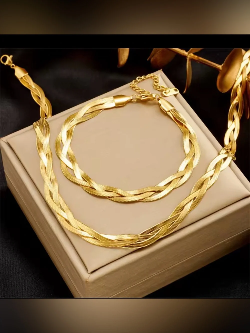 Elegant Gold-Tone Braided Necklace and Bracelet 2 Pieces Set